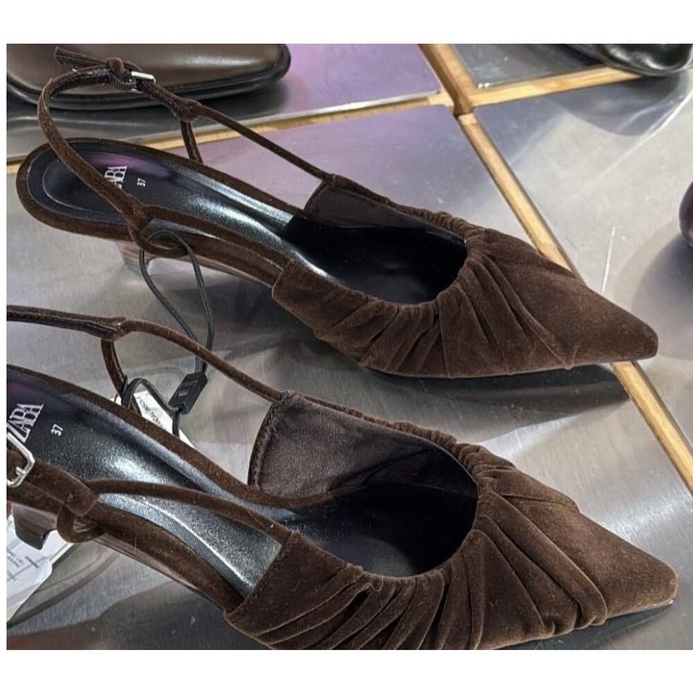 Zara NWT Brown Velvet Ruched Pointed Toe Slingback Kitten Heels 7.5 - Picture 14 of 16